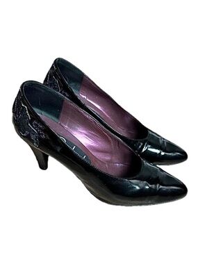 Vintage Faire Lady Black Patent Leather Pumps Aztec Cross Stitch Shoes Size 37